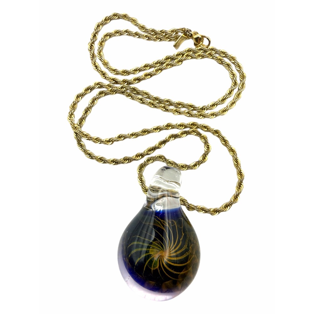 Artisan Hand Blown Glass Teardrop Pendant Necklace Cobalt Blue Gold Spiral Rope